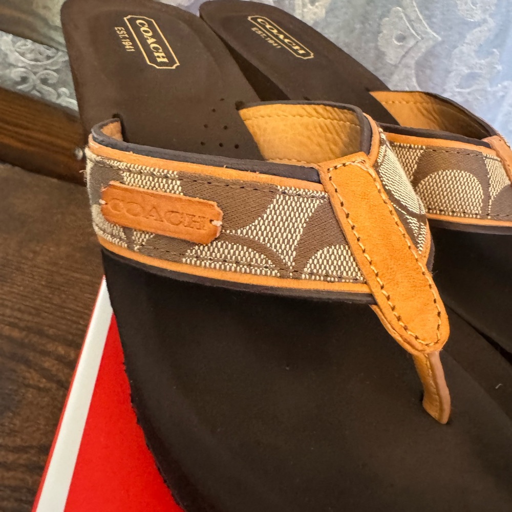 Coach Black Platform Wedge Flip Sandals with Tan Signature Straps - Picture 4 of 10
